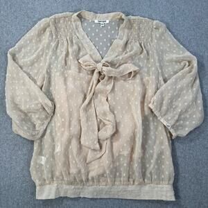 Daniel Rainn Swiss Dot Bow Collar Blouse Women's XL Beige Sheer Balloon Sleeve